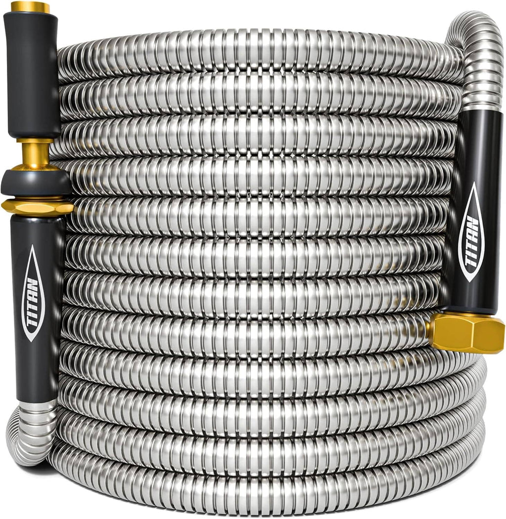 Coiled stainless steel garden hose with two black connectors and gold brass end pieces