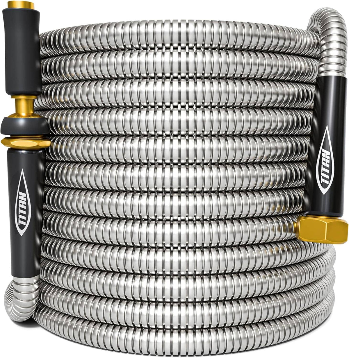Coiled stainless steel garden hose with two black connectors and gold brass end pieces