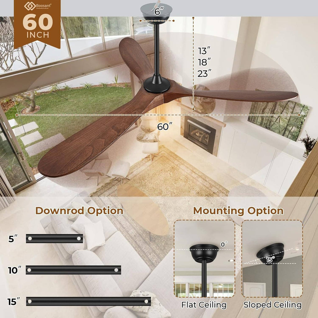 Ceiling fan with light and walnut brown three wood blades, black downrod and mounting options