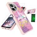 Pink glitter phone case with purple unicorn face, eyelashes, and floral accents