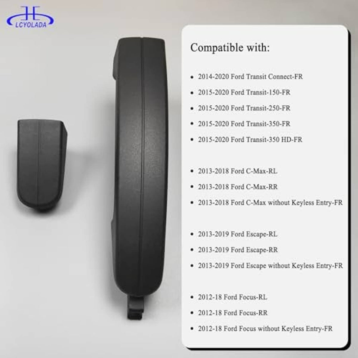Long dark exterior door handle with separate small end cover housing