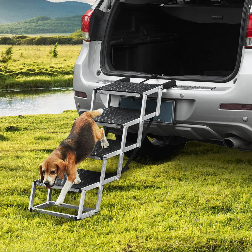 4-step folding dog stairs for cars with aluminum frame and black textured step surfaces