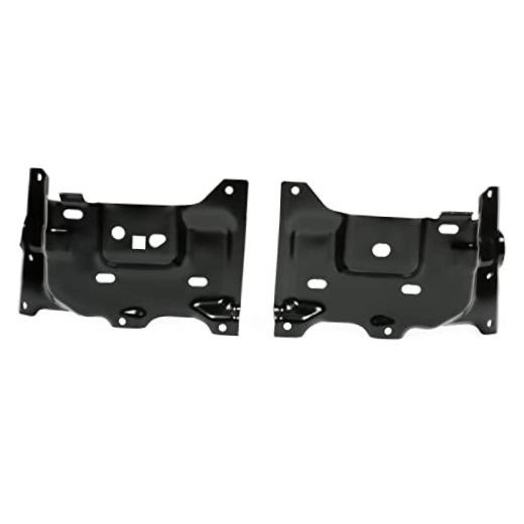 Pair of black front bumper mounting brackets with bolt holes and tabs
