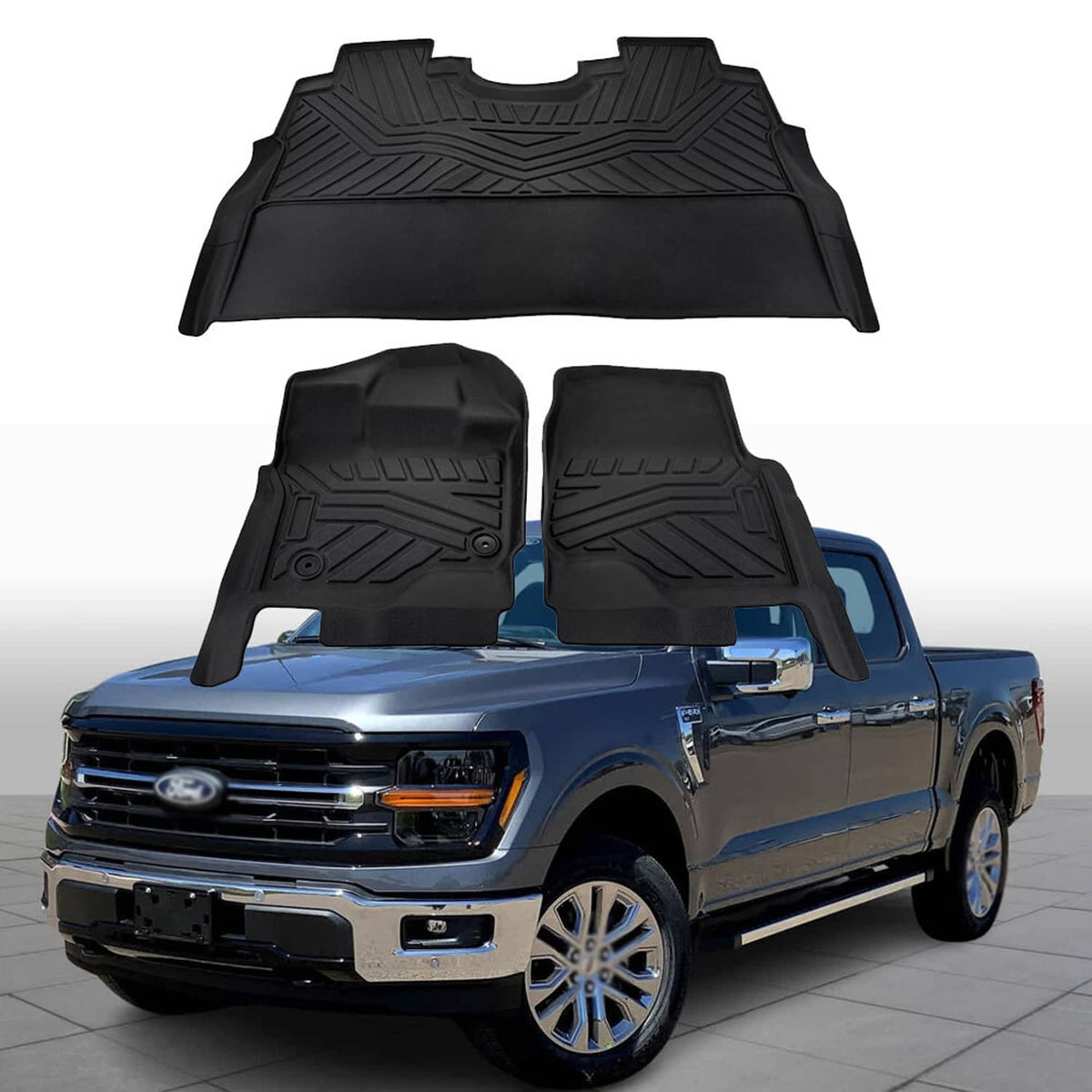 Black floor mat set for front seat area shown on a blue pickup truck