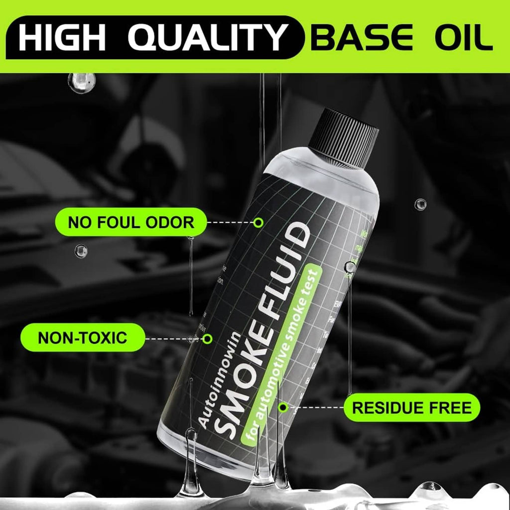 Smoke fluid bottle with green badges indicating no foul odor and non-toxic