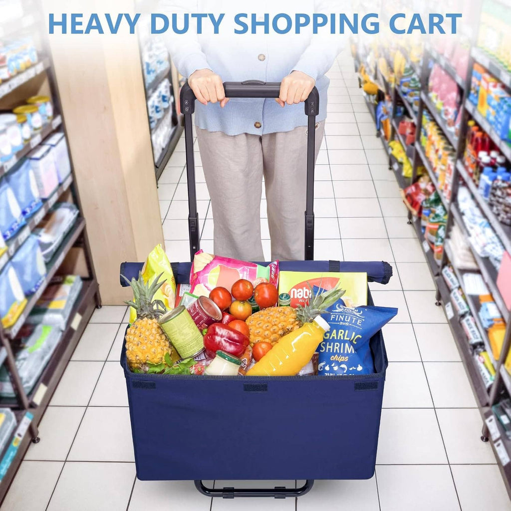Blue folding grocery cart with wheels holding groceries in a supermarket aisle