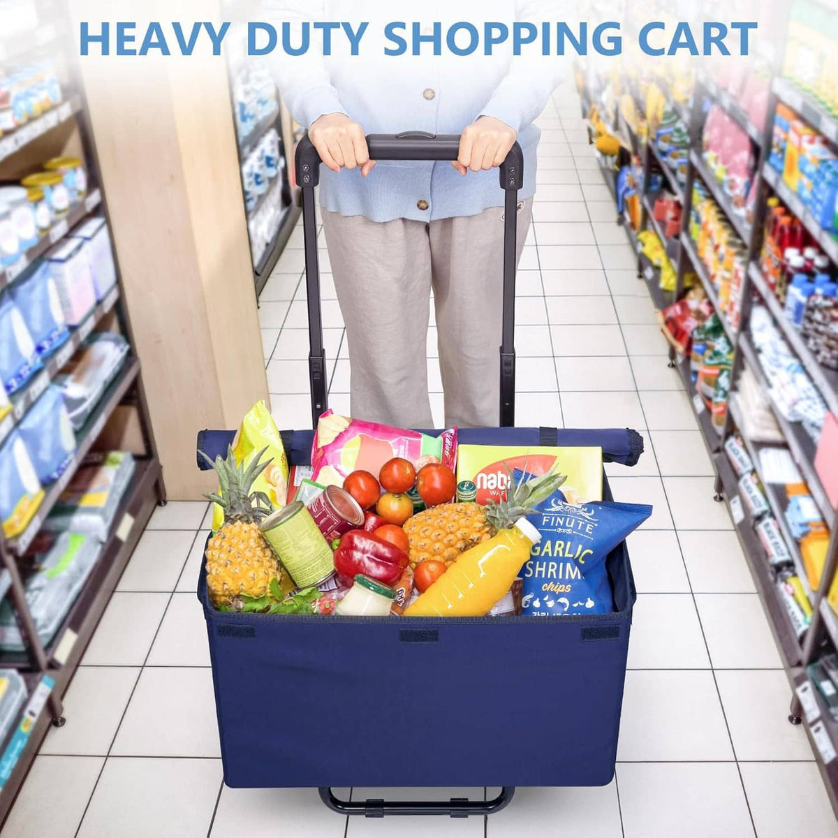Blue folding grocery cart with wheels holding groceries in a supermarket aisle