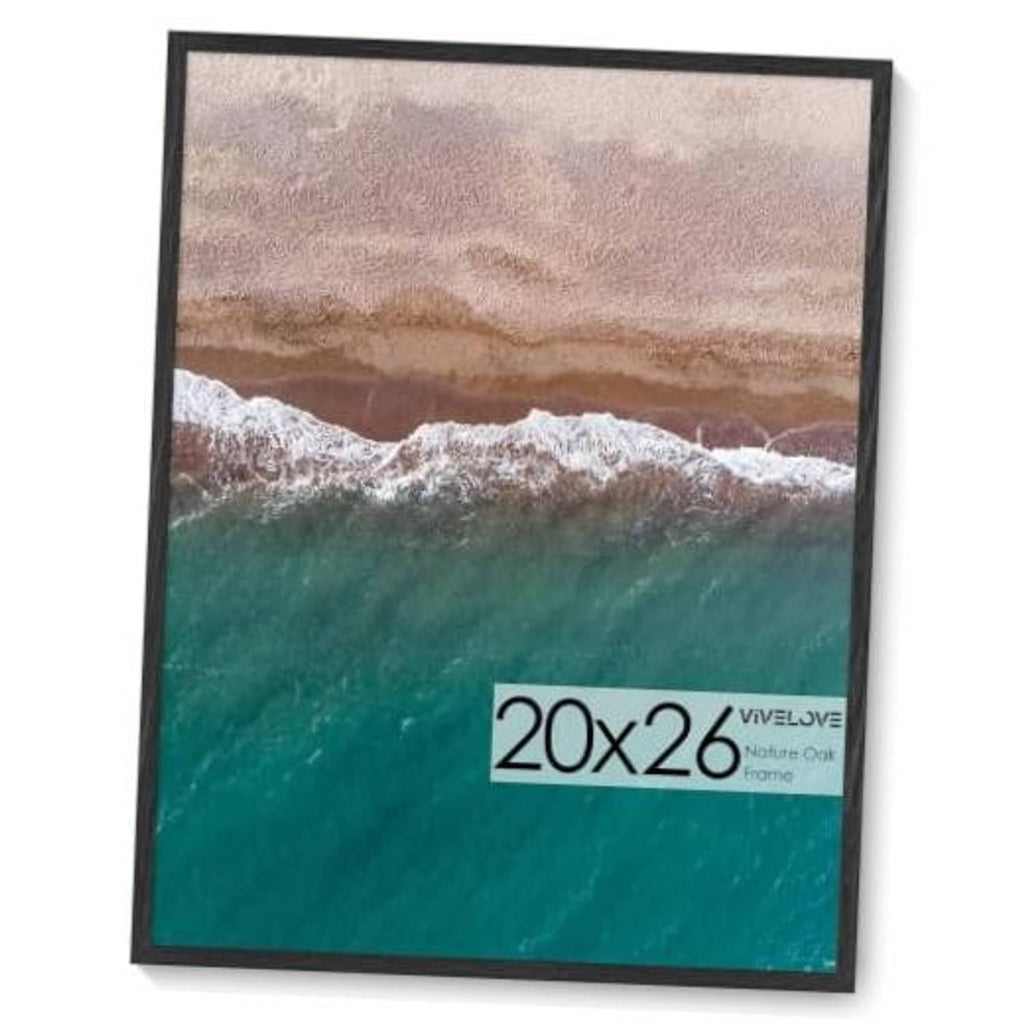 Black oak wood picture frame with 20x26 opening, front view with ocean print