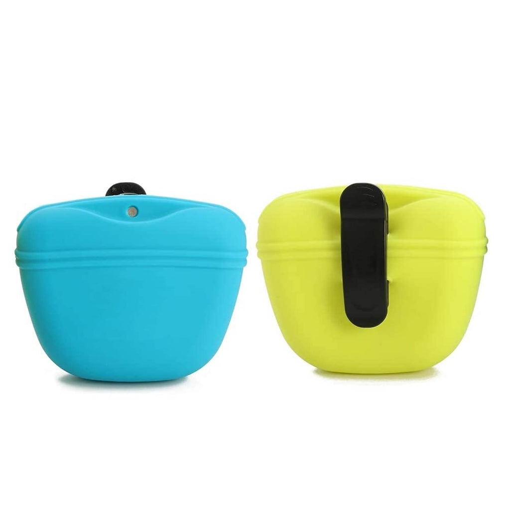 Silicone dog treat pouches, blue and lime green, with snap-top lid
