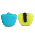 Silicone dog treat pouches, blue and lime green, with snap-top lid