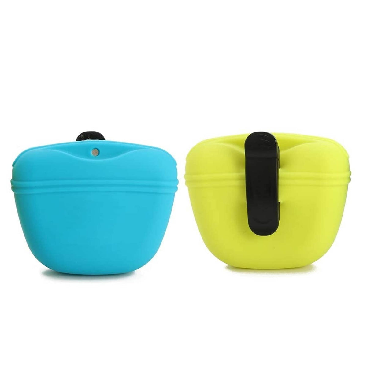 Silicone dog treat pouches, blue and lime green, with snap-top lid