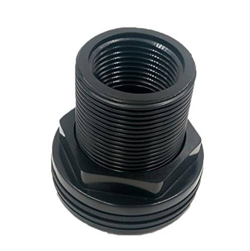 Black threaded bulkhead fitting with flanged base and internal bore