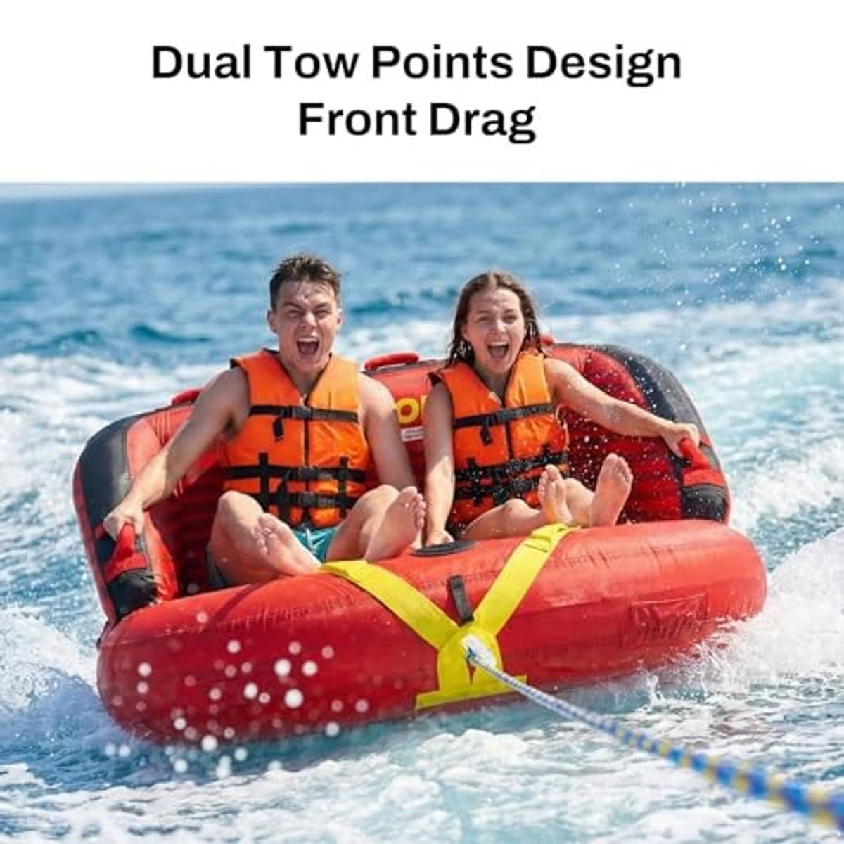 Red 2-person towable tube with two riders in orange life vests on water