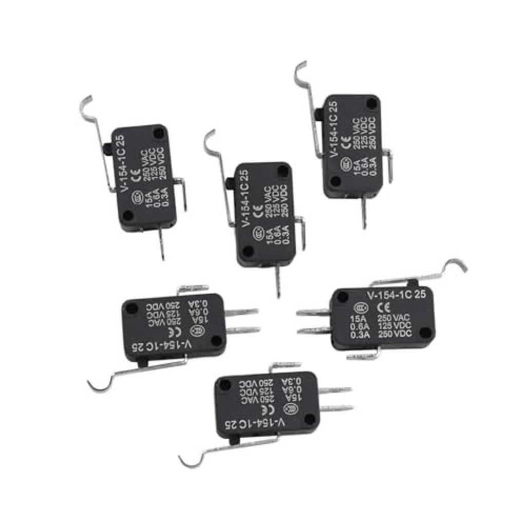 Set of black micro switches showing 3-prong pins and metal mounting clips
