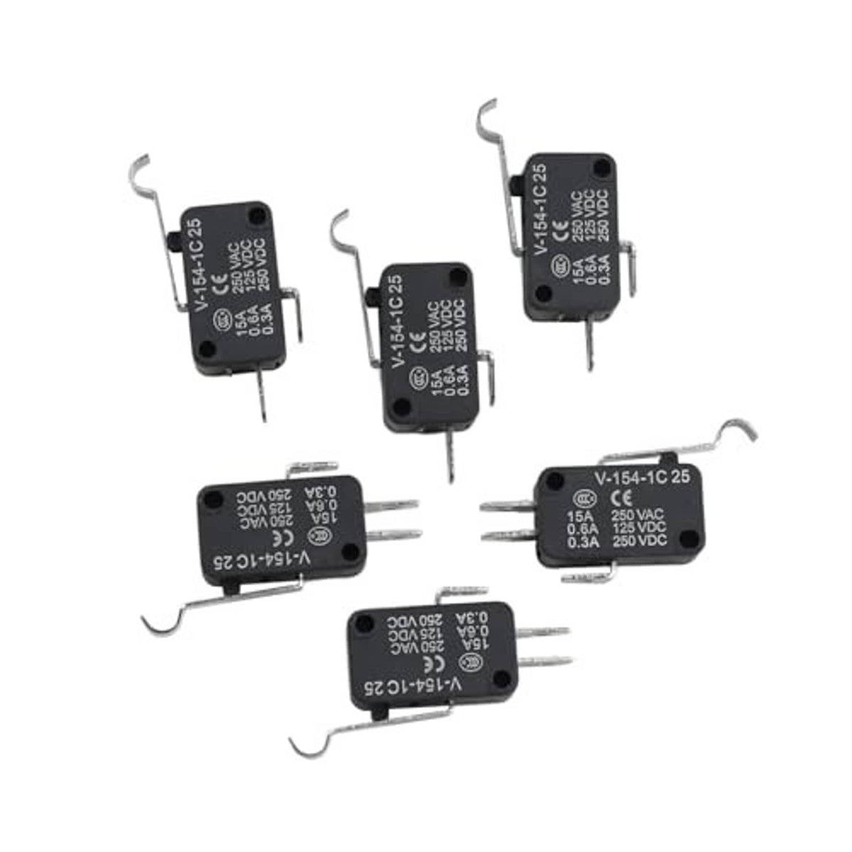 Set of black micro switches showing 3-prong pins and metal mounting clips