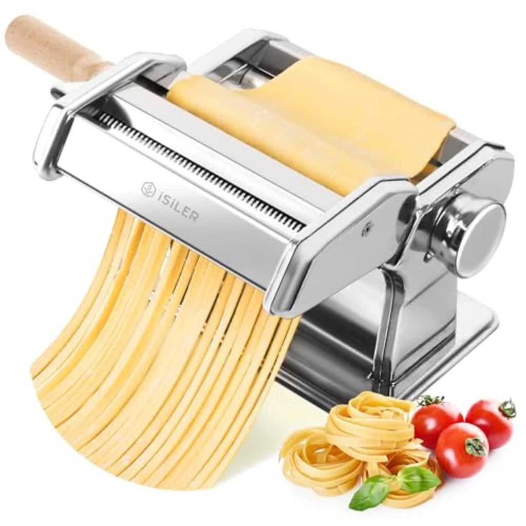 Stainless steel pasta maker with wooden handle and roller cutter for thin pasta sheets