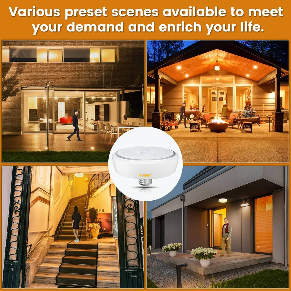 PIR motion sensor LED bulb with circular white sensor housing on home scene collage