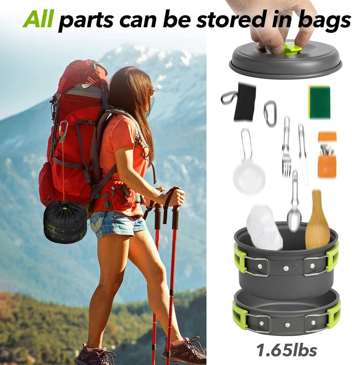 Camping cookware parts shown with gray pots, bright green handles, and included tools