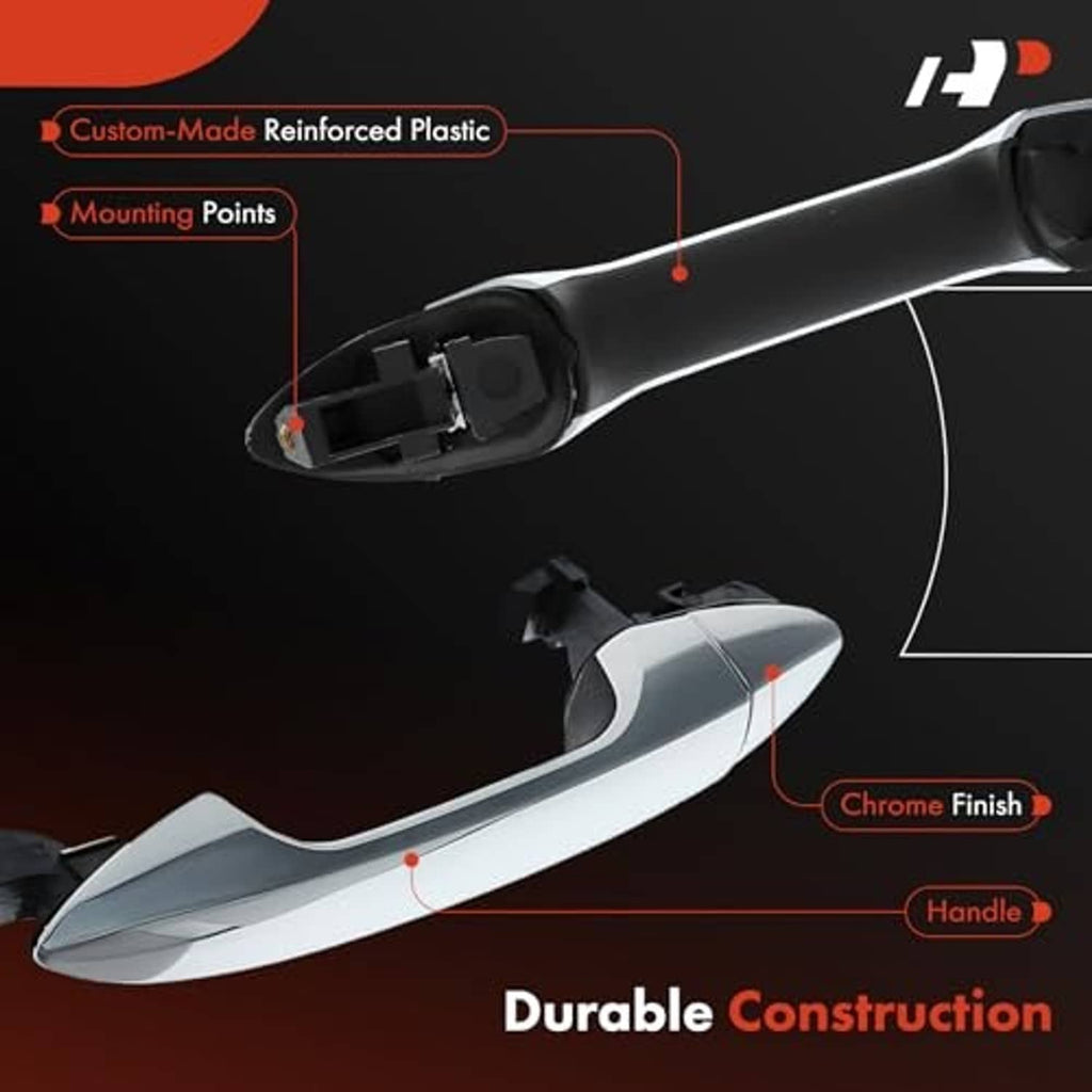 Chrome exterior door handle with visible mounting points and black housing detail.