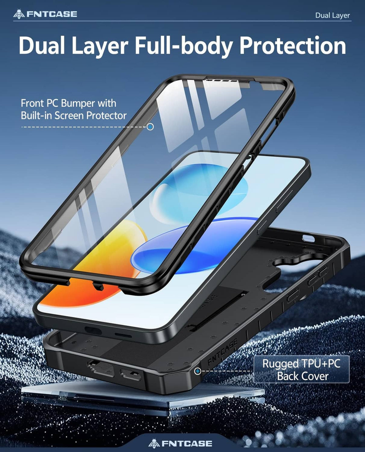 Black rugged Galaxy S25+ case with full-body dual-layer protection