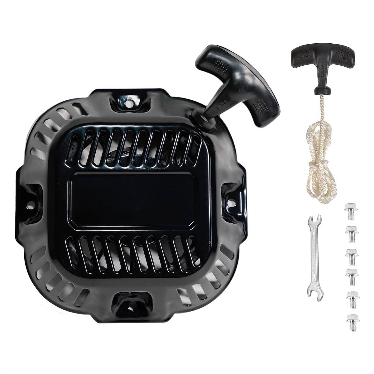 Black pull recoil starter housing with handle and rope, plus spare mounting hardware