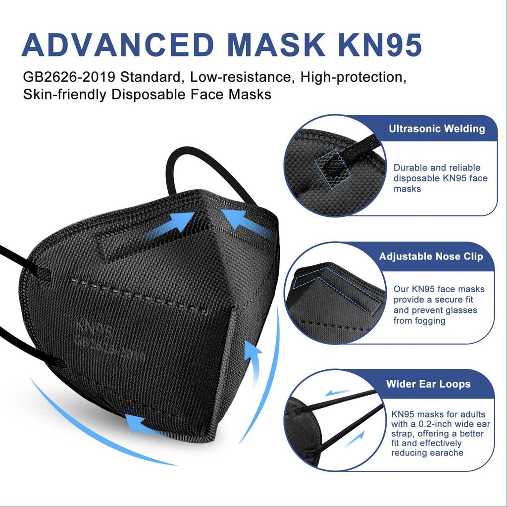 Black KN95 disposable face mask with adjustable nose clip and ear loops