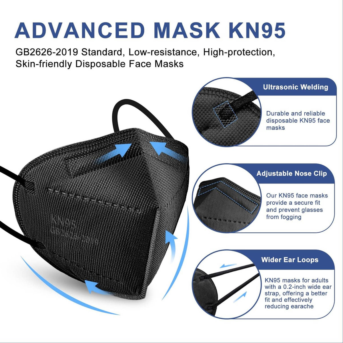 Black KN95 disposable face mask with adjustable nose clip and ear loops