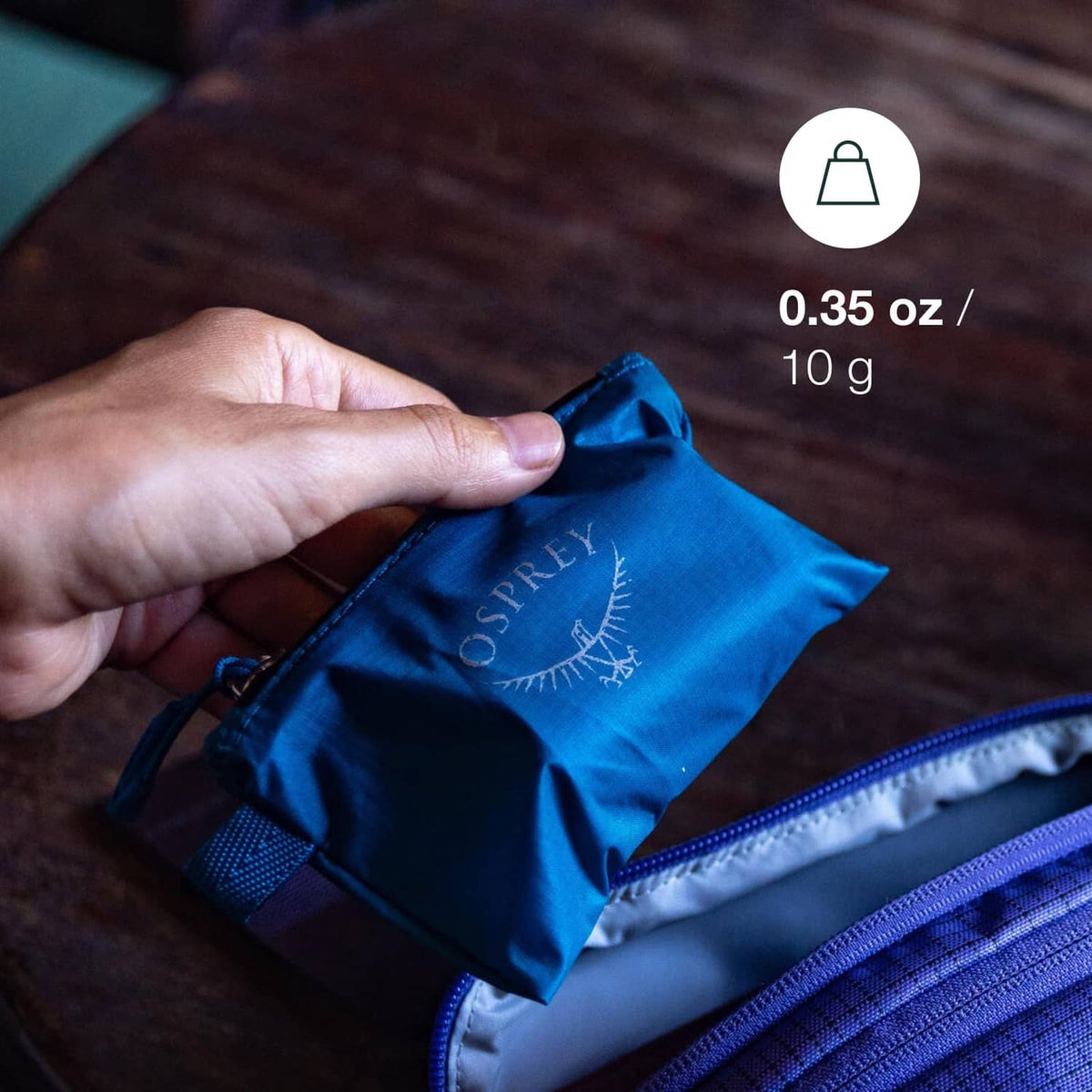 Osprey ultralight zip wallet, waterfront blue, partially opened with logo and interior
