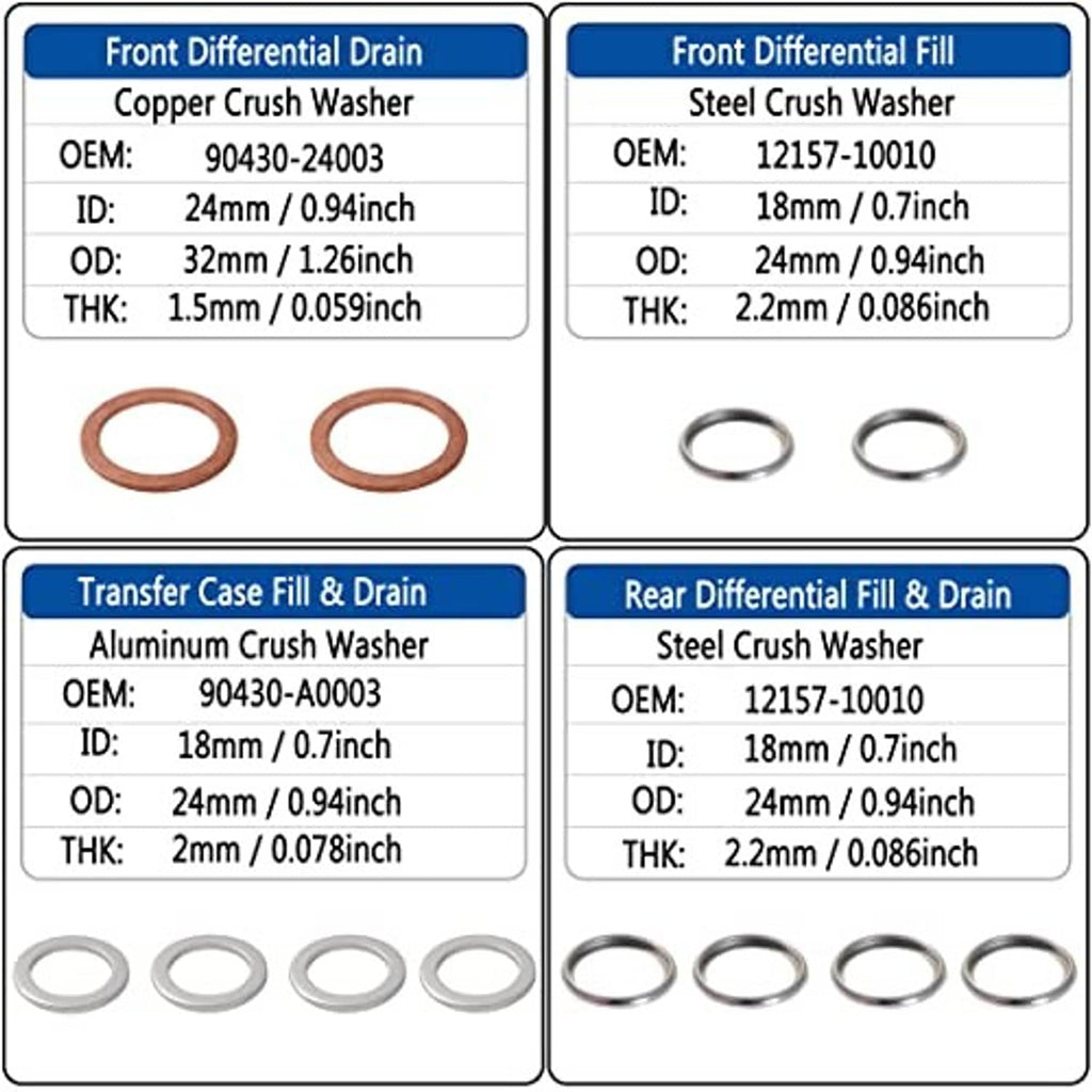 Crush washer set showing copper and steel sizes for front differential, transfer, rear