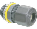 Gray strain relief electrical connector with yellow ring and cable-entry opening