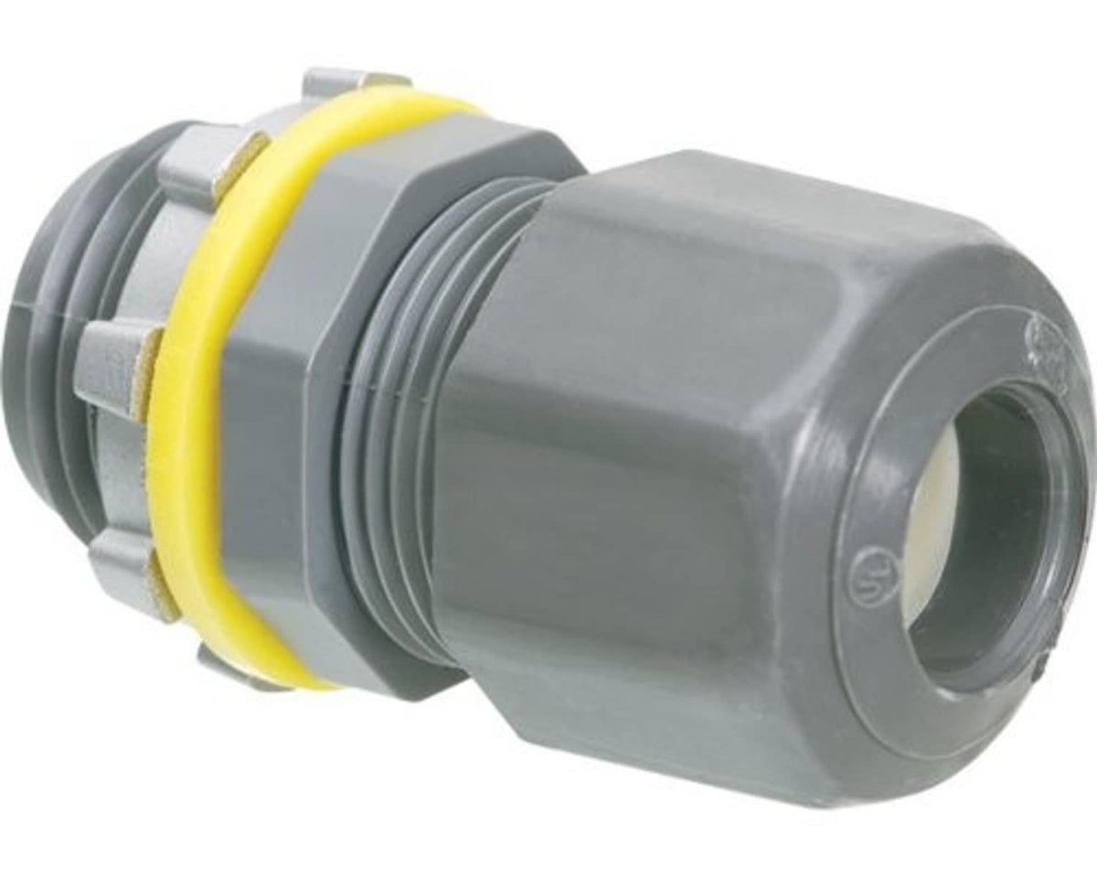 Gray strain relief electrical connector with yellow ring and cable-entry opening