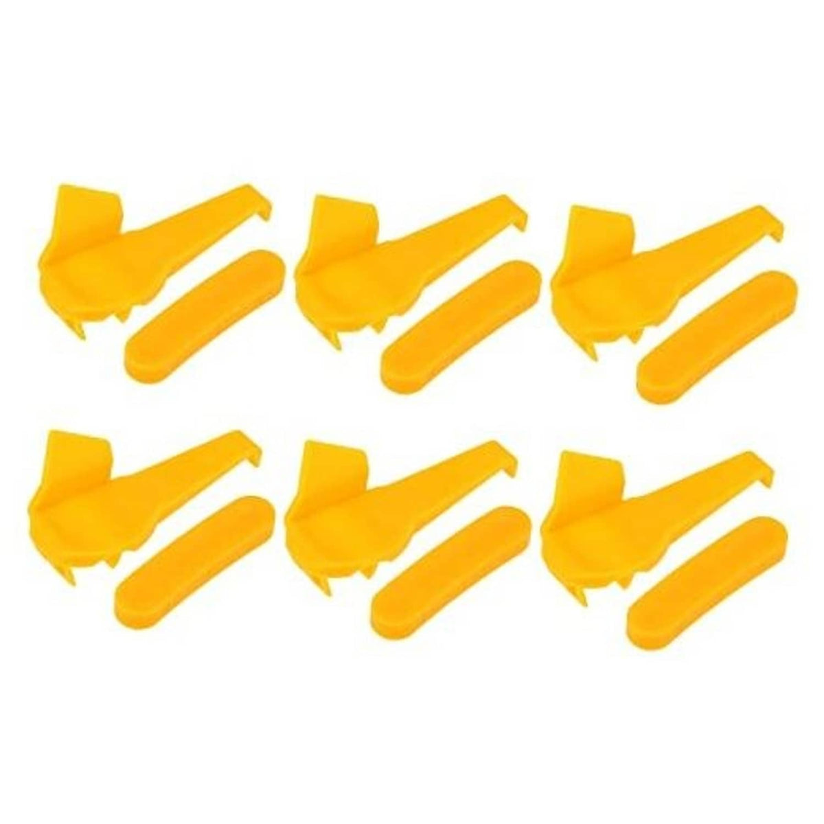 Set of six yellow plastic tire changer demount head inserts with curved hooks