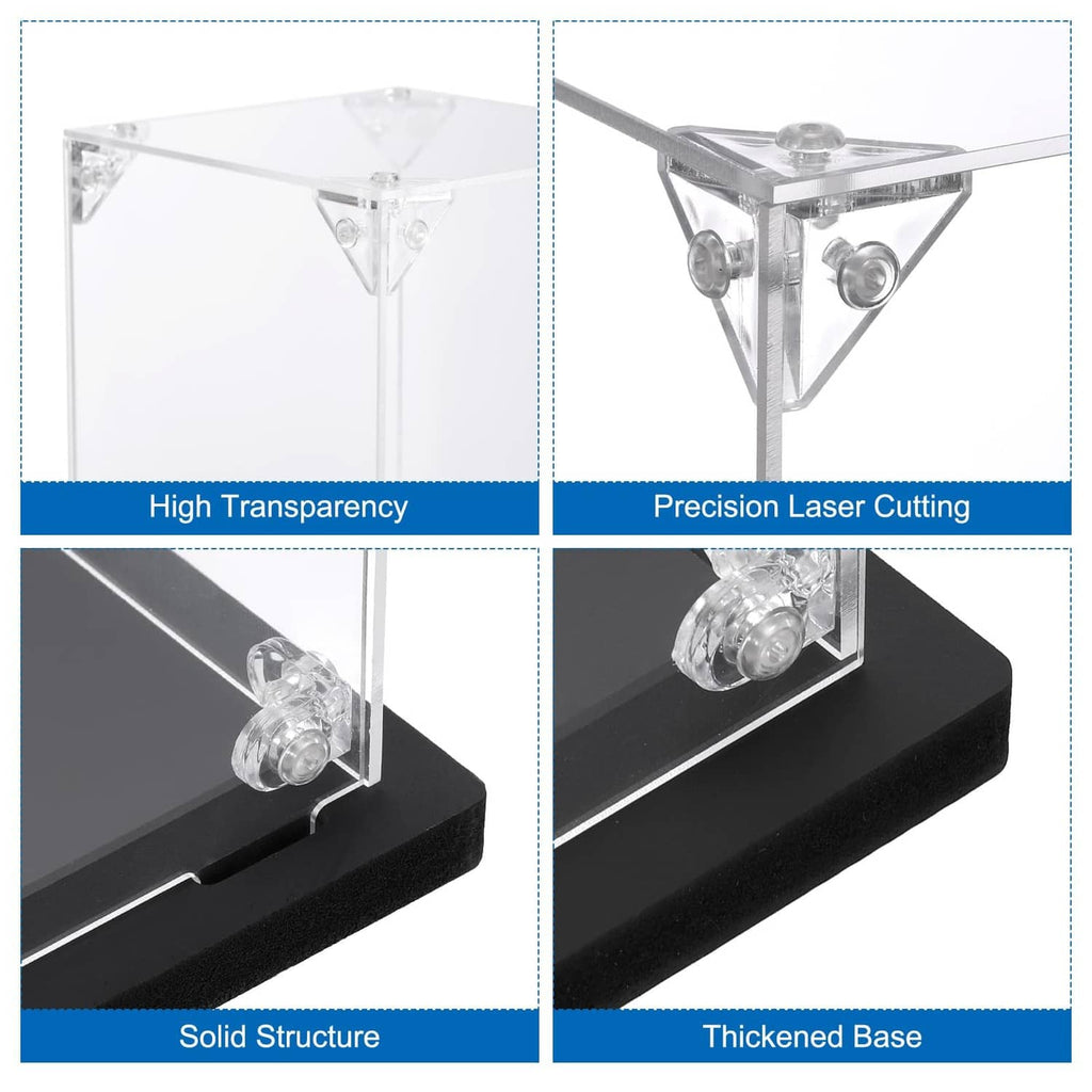 Clear acrylic display case detail: transparent corners and thick black base.