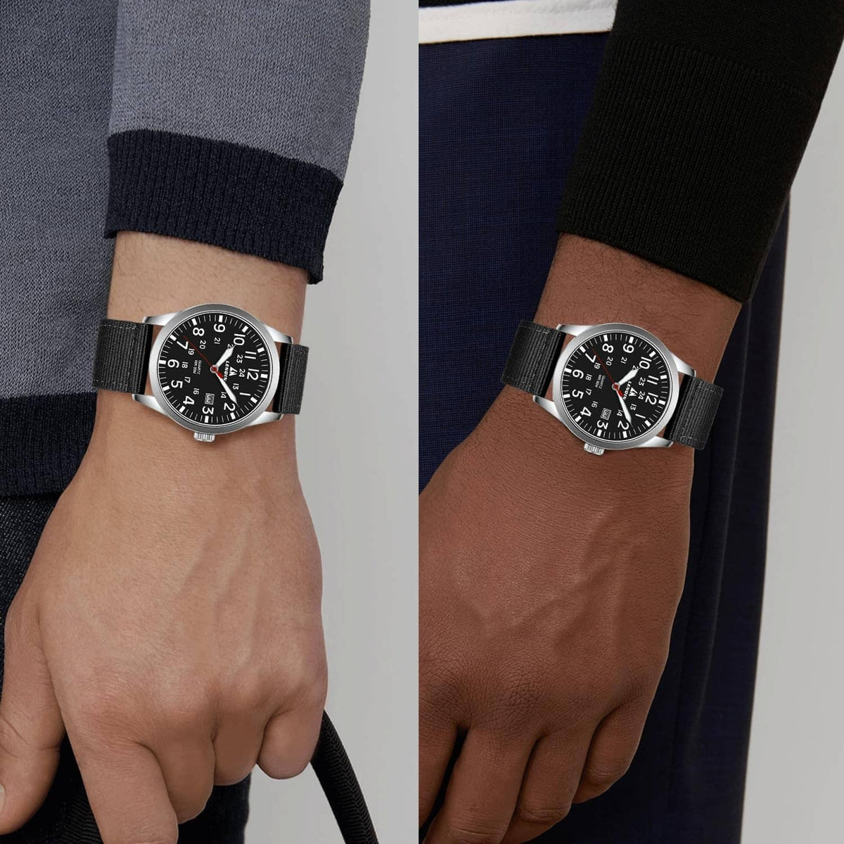 Silver-tone analog wristwatch on wrist with black dial and black nylon strap