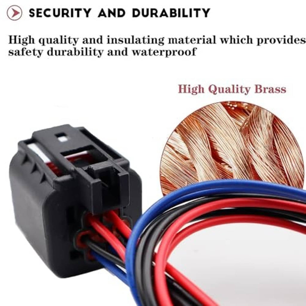 Headlamp connector with blue contact insert and red/blue wiring; black plastic housing