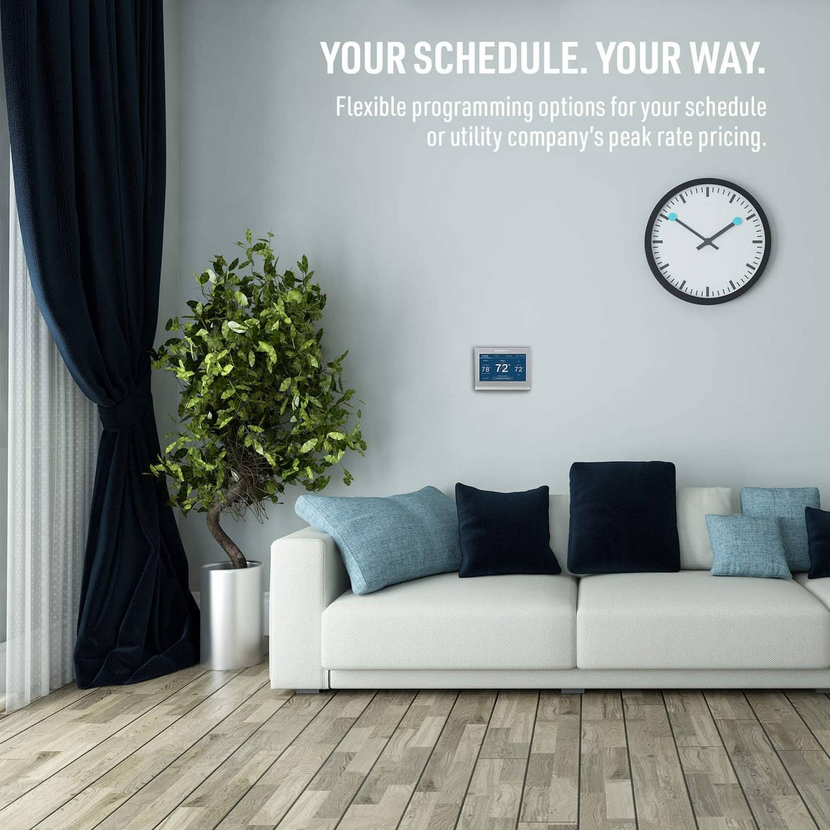 Gray Wi-Fi smart color thermostat on wall with temperature and menu readout