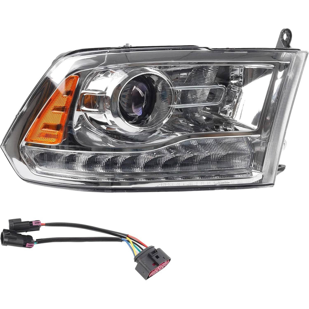Chrome projector headlight with LED DRL and amber side marker, wiring harness included