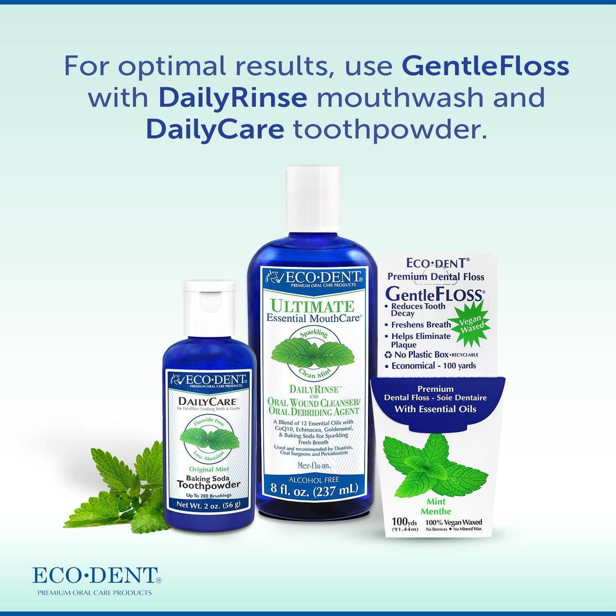 Mint waxed dental floss pack with essential mouthcare bottles