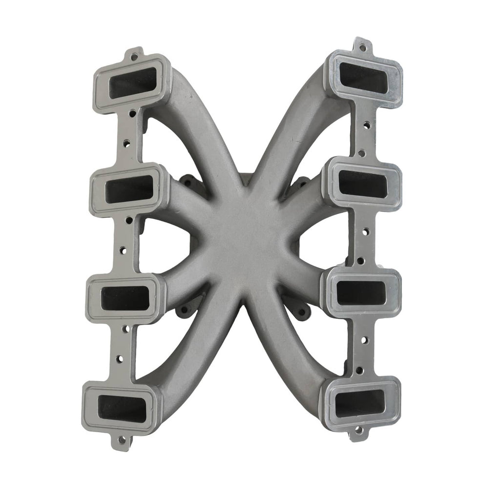 Single-plane intake manifold with six rectangular runner ports, gray cast metal
