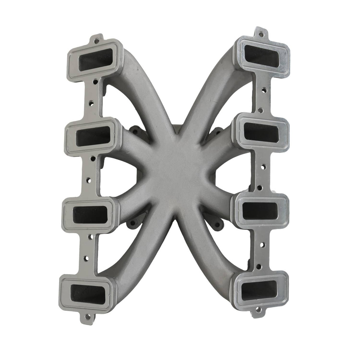 Single-plane intake manifold with six rectangular runner ports, gray cast metal