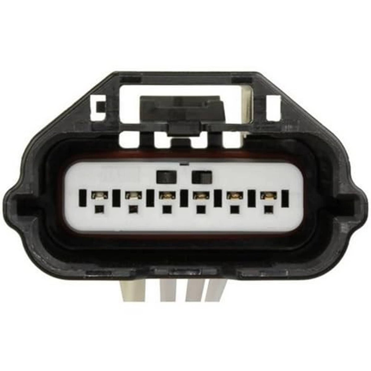 Multi-pin electrical connector with black latch and white insert, viewed from front