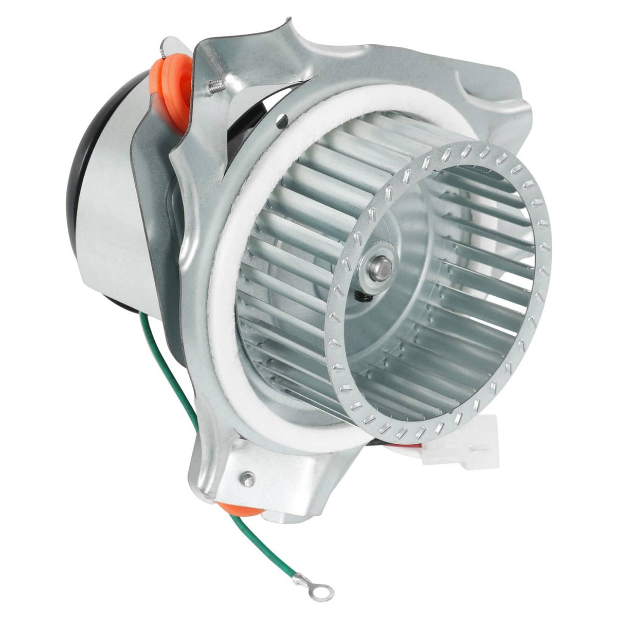 Furnace draft inducer motor assembly with multi-wing fan impeller and wiring leads