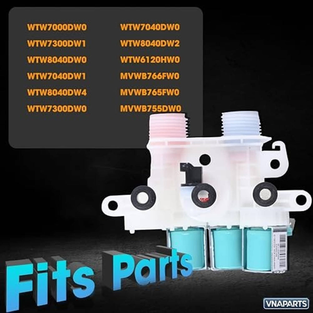 Water inlet valve with two threaded inlet ports and teal solenoid coils
