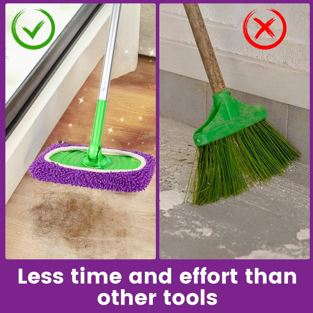 Purple microfiber mop pad on green flat mop head, dense scrub pile