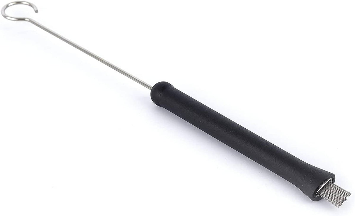 Drum wire brush stick with black handle, metal loop, and silver wire bristle end