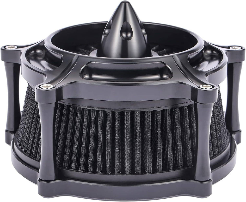 Black air cleaner intake filter housing with central spike and pleated filter