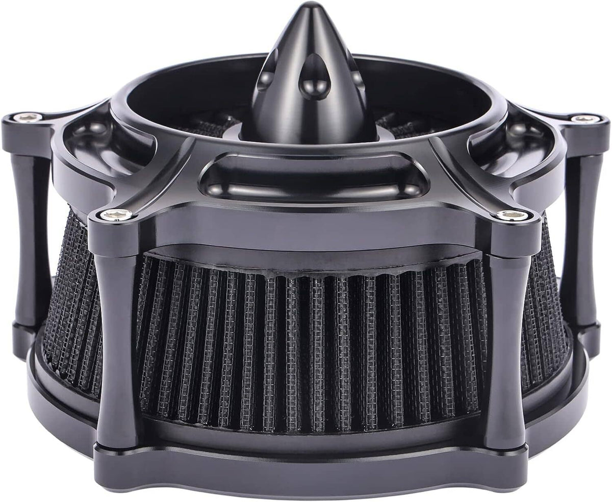 Black air cleaner intake filter housing with central spike and pleated filter