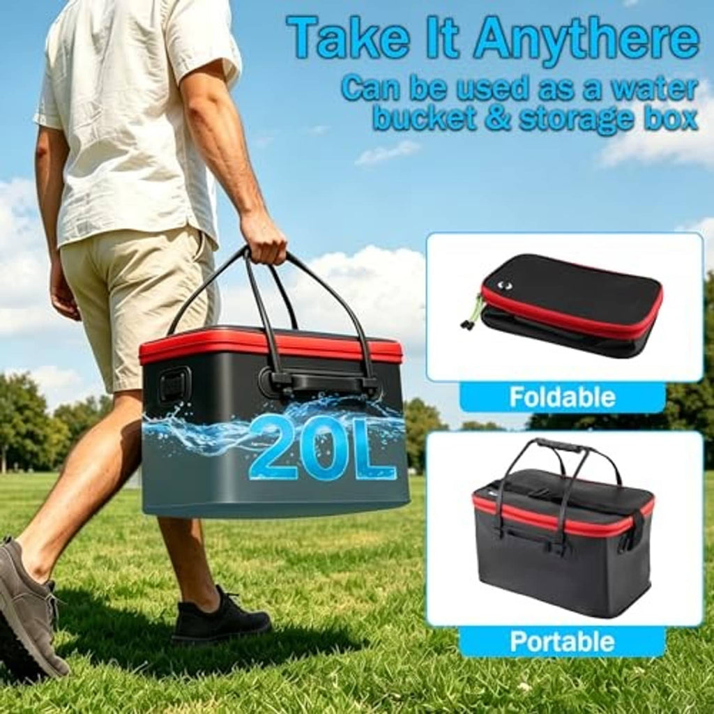 Portable 20L folding misting bucket shown being carried with black and red handles