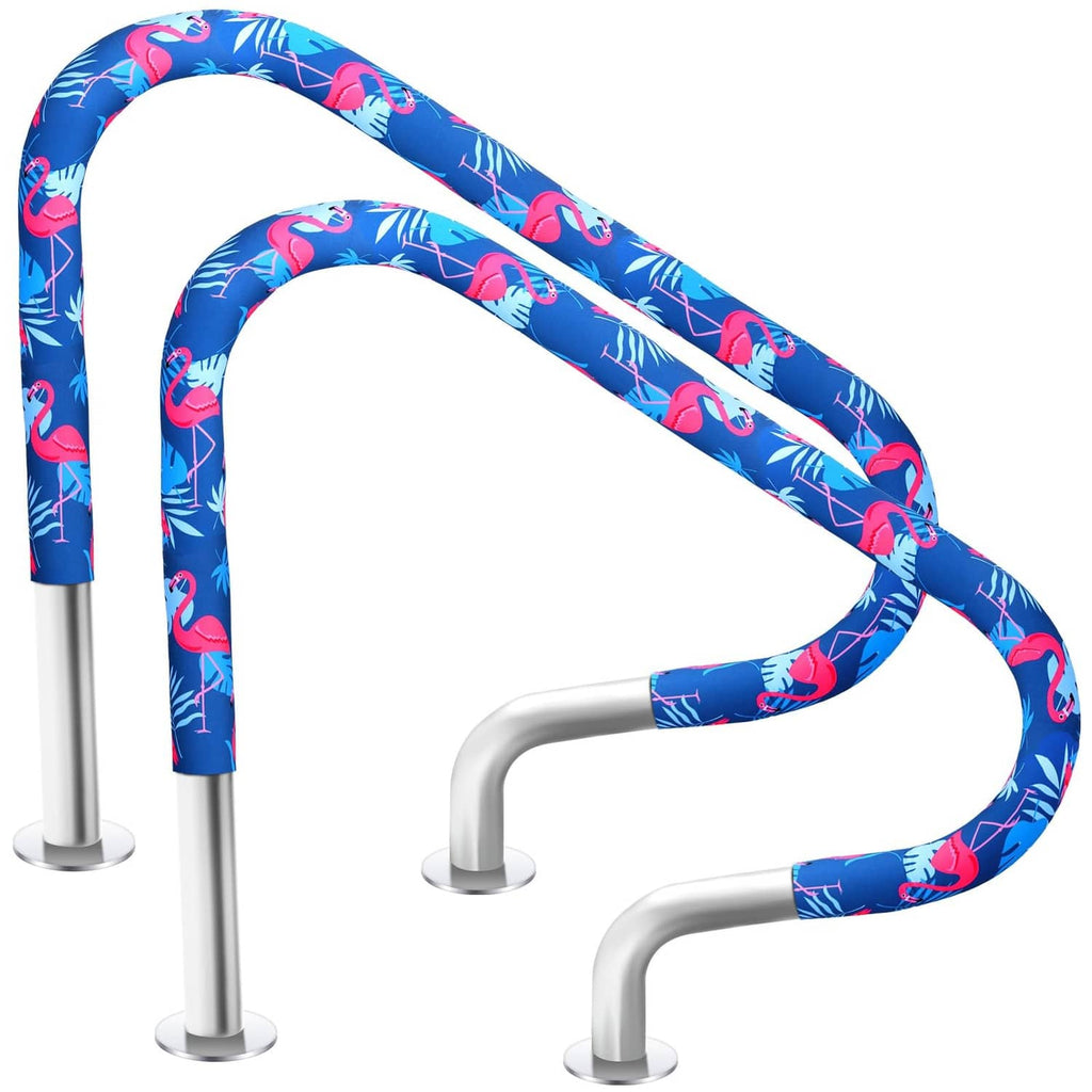 Set of pool handrail covers with blue flamingo pattern for 8 ft rails