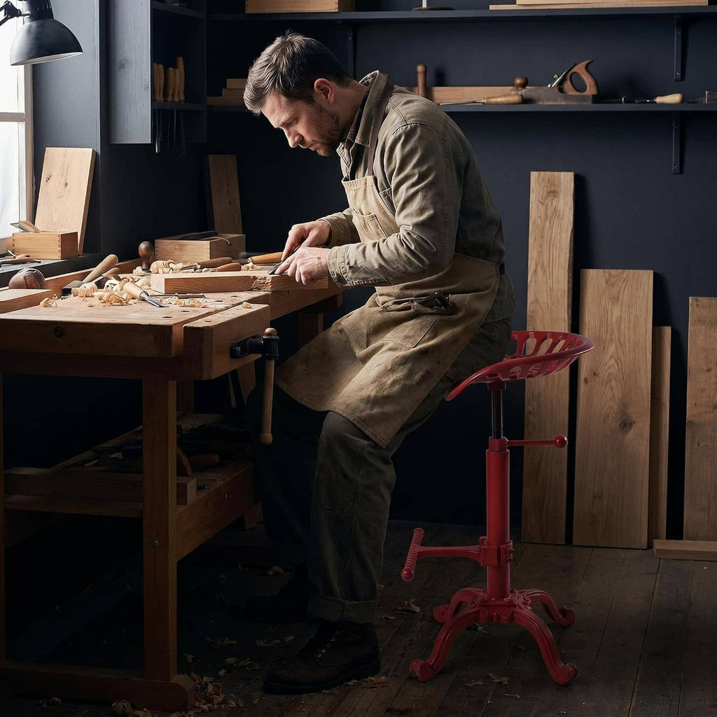 Red tractor-seat adjustable bar stool with perforated seat, shown while seated in workshop